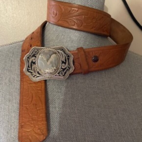 Vintage Tooled Western Genuine Leather Belt with vintage cabochon buckle - Picture 1 of 7